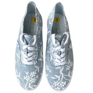 American Eagle Denim Embroidered Blue White Floral Sneakers Size 7